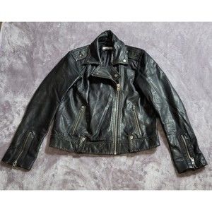 Top Shop Indian Lamb Black Leather Riding Moto Biker Jacket Silver Zip Size 8